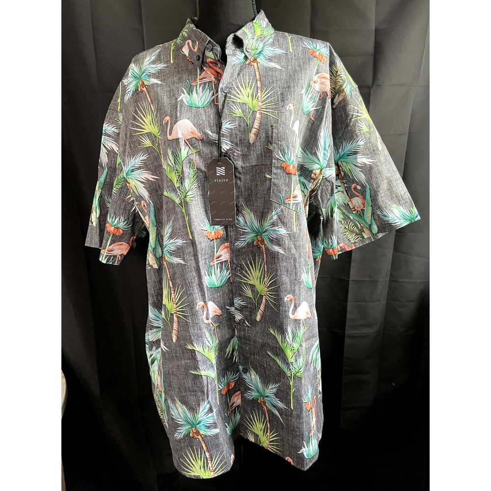 Visive Men's‎ 2X Hawaiian Shirt - Black Tropical Flamingo Print Button-Up Aloha